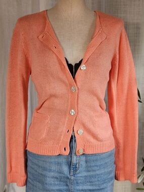 Lizwear Liz Claiborne Pink Linen Blend lightweight Button Up Cardigan Size Petit